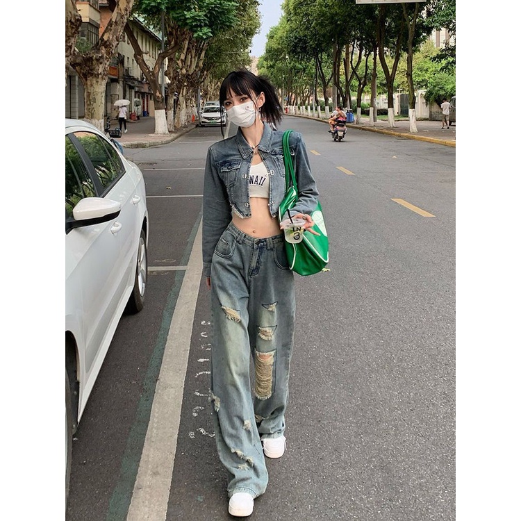Jiashucheng Quần Jean Dài Eo Cao Ống Rộng Rách Lỗ Phong Cách Mới Mùa Hè Thu Và Mùa Hè Dành Cho Bạn Nữ