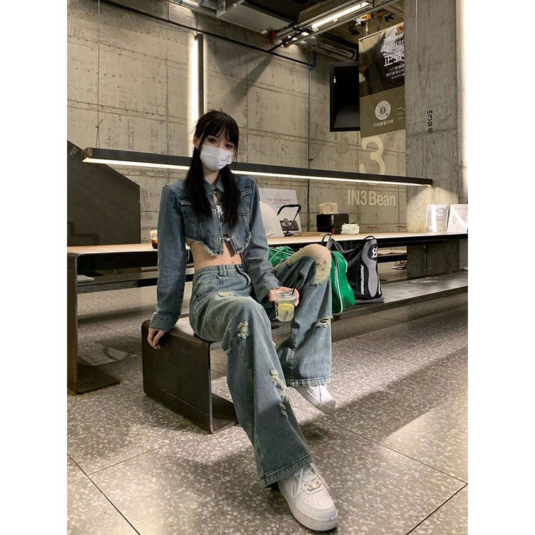 Jiashucheng Quần Jean Dài Eo Cao Ống Rộng Rách Lỗ Phong Cách Mới Mùa Hè Thu Và Mùa Hè Dành Cho Bạn Nữ