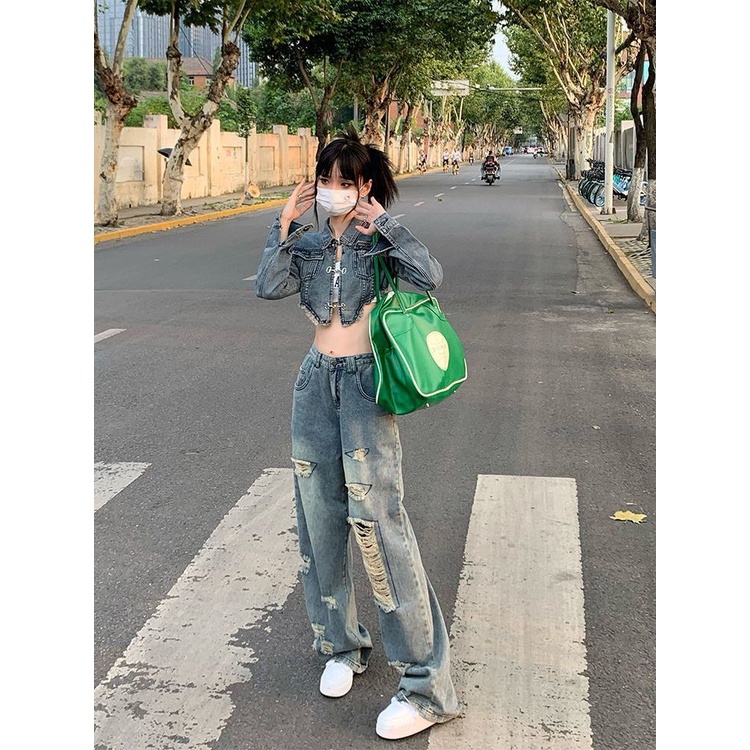 Jiashucheng Quần Jean Dài Eo Cao Ống Rộng Rách Lỗ Phong Cách Mới Mùa Hè Thu Và Mùa Hè Dành Cho Bạn Nữ