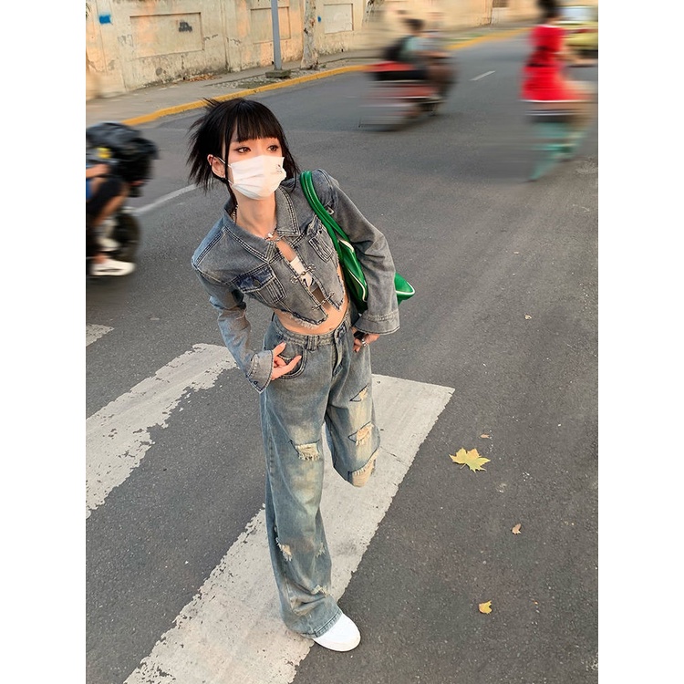 Jiashucheng Quần Jean Dài Eo Cao Ống Rộng Rách Lỗ Phong Cách Mới Mùa Hè Thu Và Mùa Hè Dành Cho Bạn Nữ