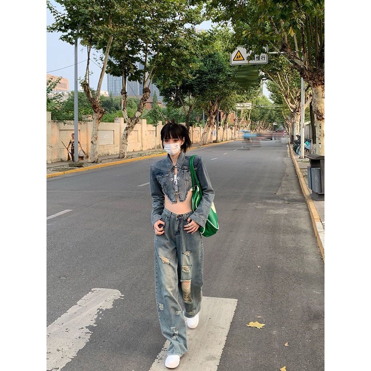 Jiashucheng Quần Jean Dài Eo Cao Ống Rộng Rách Lỗ Phong Cách Mới Mùa Hè Thu Và Mùa Hè Dành Cho Bạn Nữ