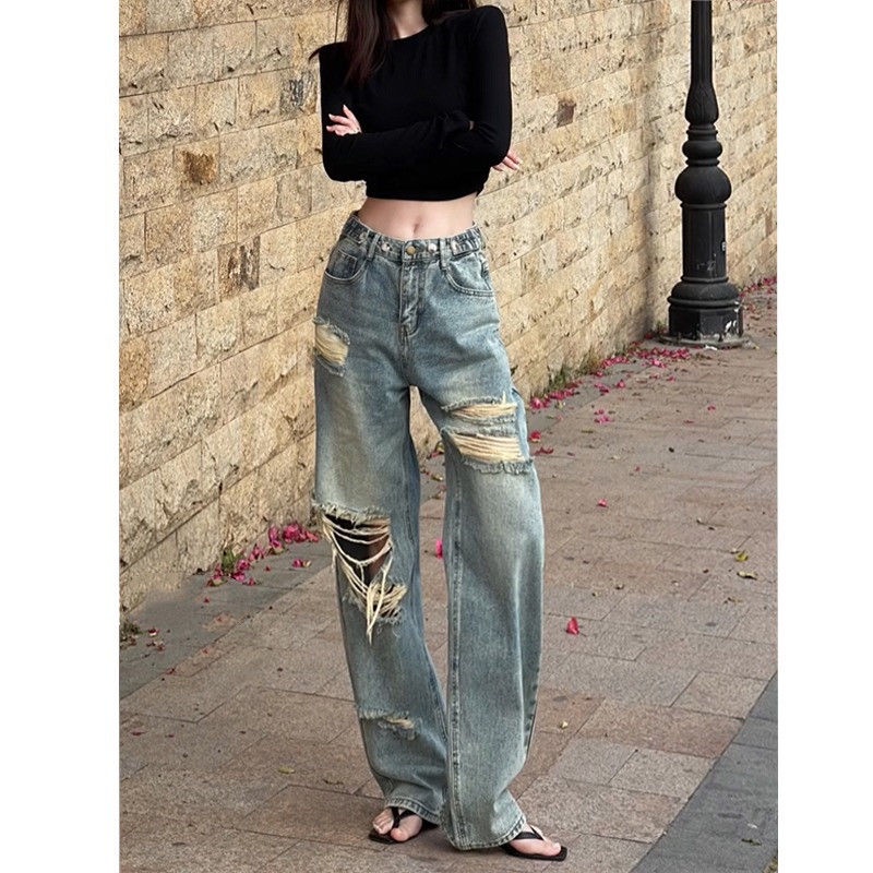Jiashucheng Quần Jean Dài Lưng Cao Ống Rộng Phối Rách Kiểu Đường Phố Mỹ Thời Trang Mùa Hè Cho Nữ
