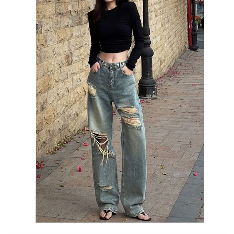 Jiashucheng Quần Jean Dài Lưng Cao Ống Rộng Phối Rách Kiểu Đường Phố Mỹ Thời Trang Mùa Hè Cho Nữ