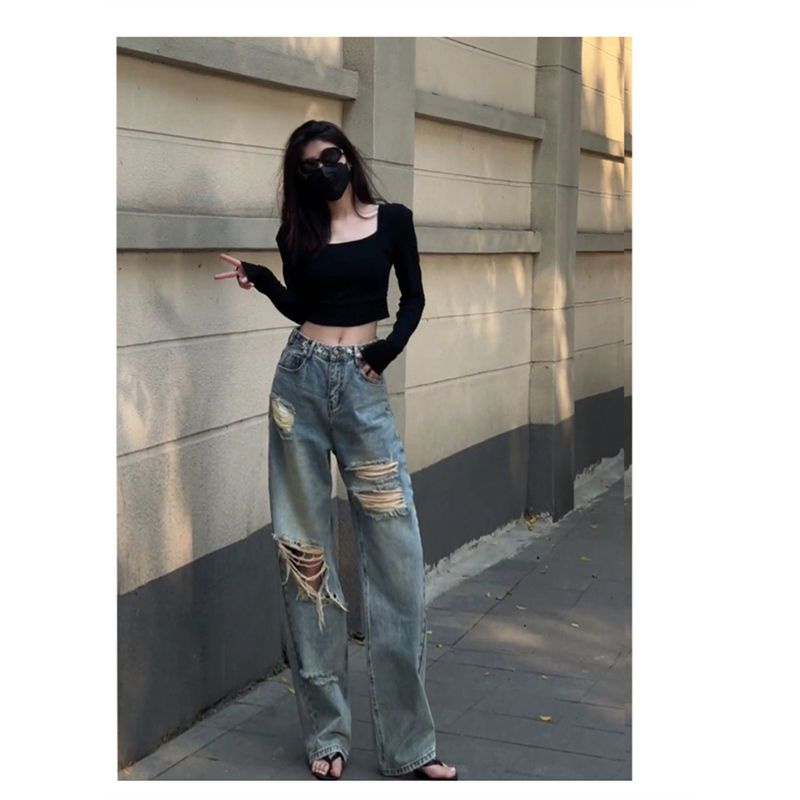 Jiashucheng Quần Jean Dài Lưng Cao Ống Rộng Phối Rách Kiểu Đường Phố Mỹ Thời Trang Mùa Hè Cho Nữ
