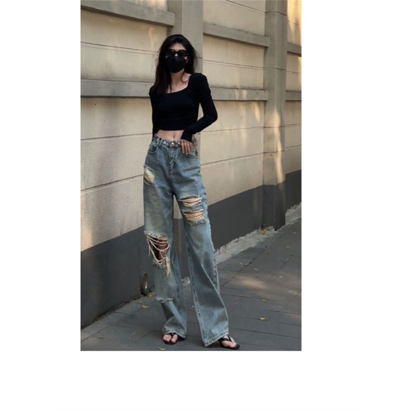 Jiashucheng Quần Jean Dài Lưng Cao Ống Rộng Phối Rách Kiểu Đường Phố Mỹ Thời Trang Mùa Hè Cho Nữ