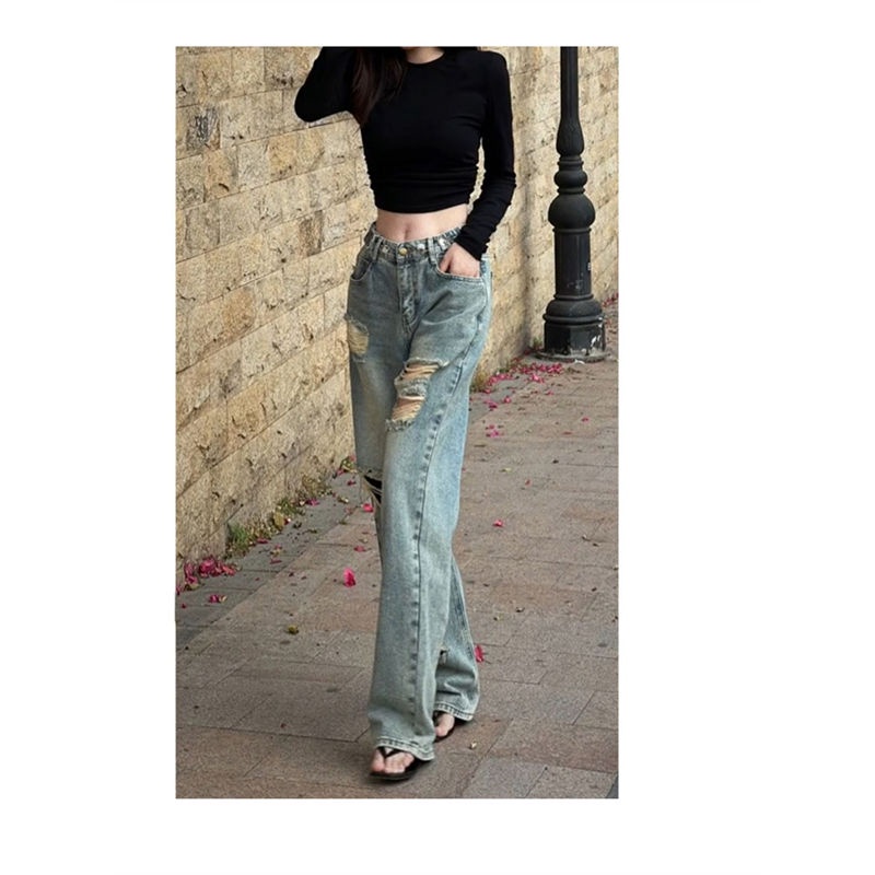 Jiashucheng Quần Jean Dài Lưng Cao Ống Rộng Phối Rách Kiểu Đường Phố Mỹ Thời Trang Mùa Hè Cho Nữ