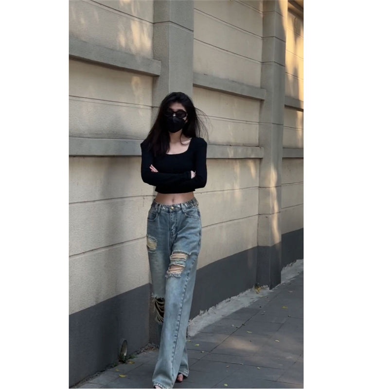 Jiashucheng Quần Jean Dài Lưng Cao Ống Rộng Phối Rách Kiểu Đường Phố Mỹ Thời Trang Mùa Hè Cho Nữ