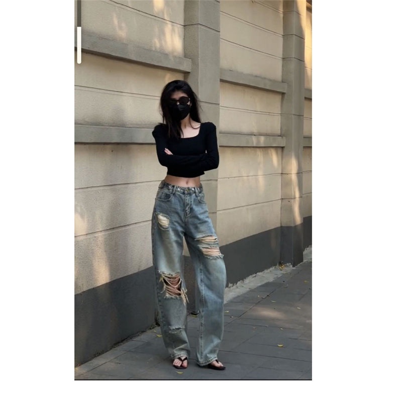 Jiashucheng Quần Jean Dài Lưng Cao Ống Rộng Phối Rách Kiểu Đường Phố Mỹ Thời Trang Mùa Hè Cho Nữ