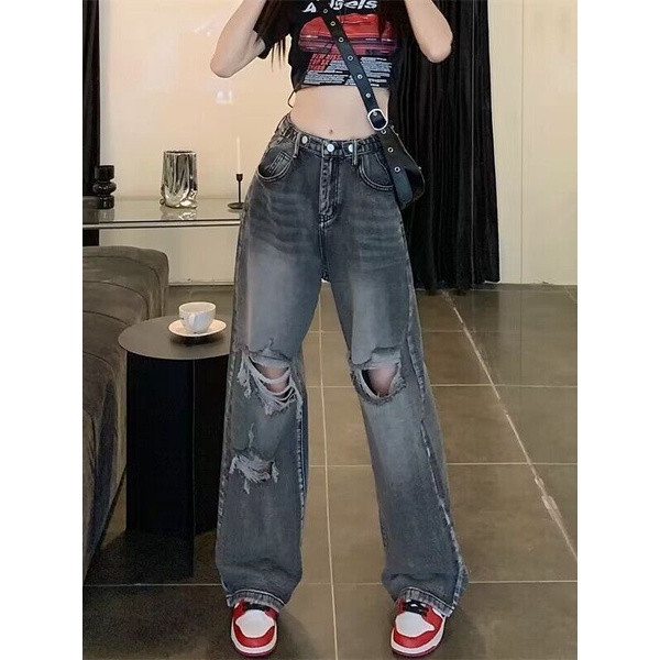 Jiashucheng Mi Quần Jean Rách Dáng Rộng Lưng Cao Cỡ Lớn Phong Cách Mỹ Cho Nữ