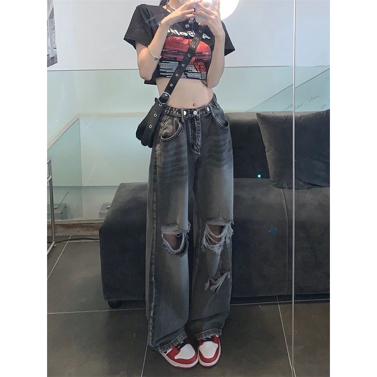 Jiashucheng Mi Quần Jean Rách Dáng Rộng Lưng Cao Cỡ Lớn Phong Cách Mỹ Cho Nữ