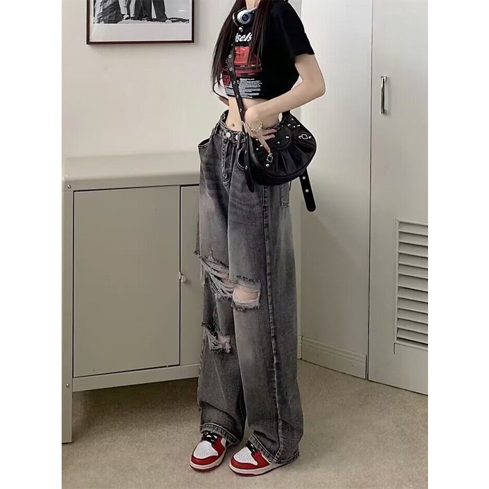Jiashucheng Mi Quần Jean Rách Dáng Rộng Lưng Cao Cỡ Lớn Phong Cách Mỹ Cho Nữ