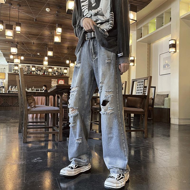 Jiashucheng Quần Jean Rách Dáng Rộng Plus Size Phong Cách Đường Phố Mỹ Cá Tính Cho Nữ