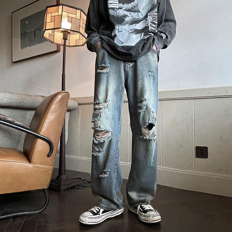 Jiashucheng Quần Jean Rách Dáng Rộng Plus Size Phong Cách Đường Phố Mỹ Cá Tính Cho Nữ