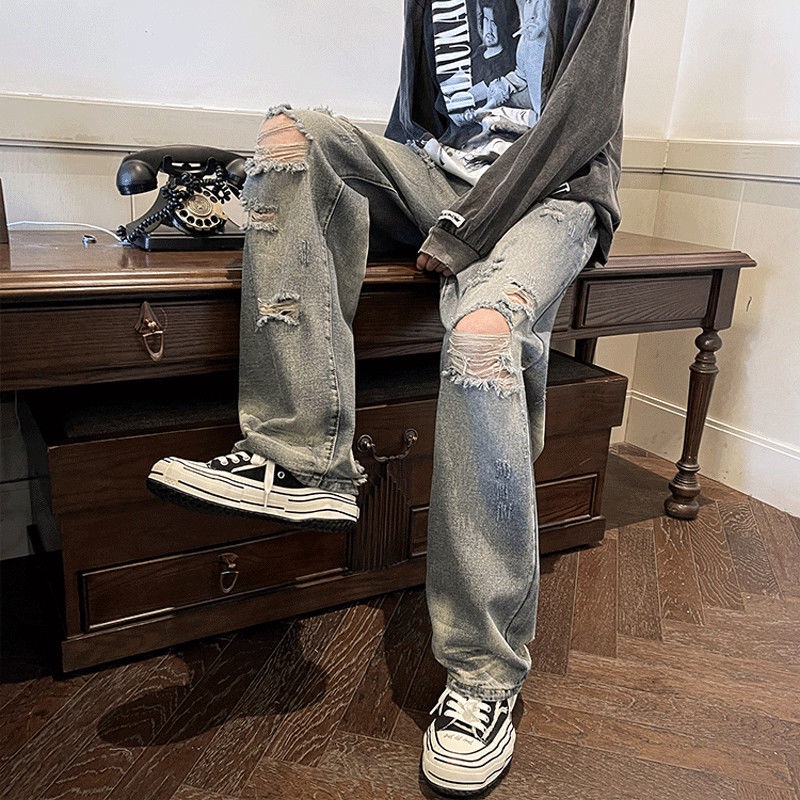 Jiashucheng Quần Jean Rách Dáng Rộng Plus Size Phong Cách Đường Phố Mỹ Cá Tính Cho Nữ