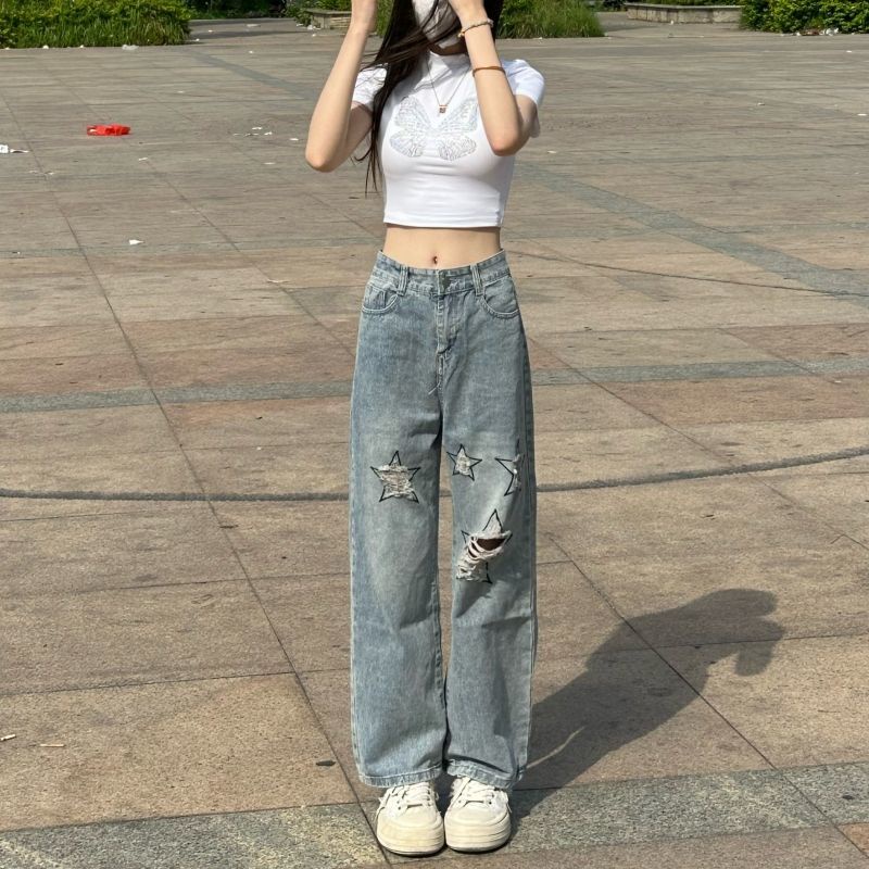Jiashucheng Quần Jean Nữ Lưng Cao Thêu Ngôi Sao Phong Cách Retro Đường Phố Mới