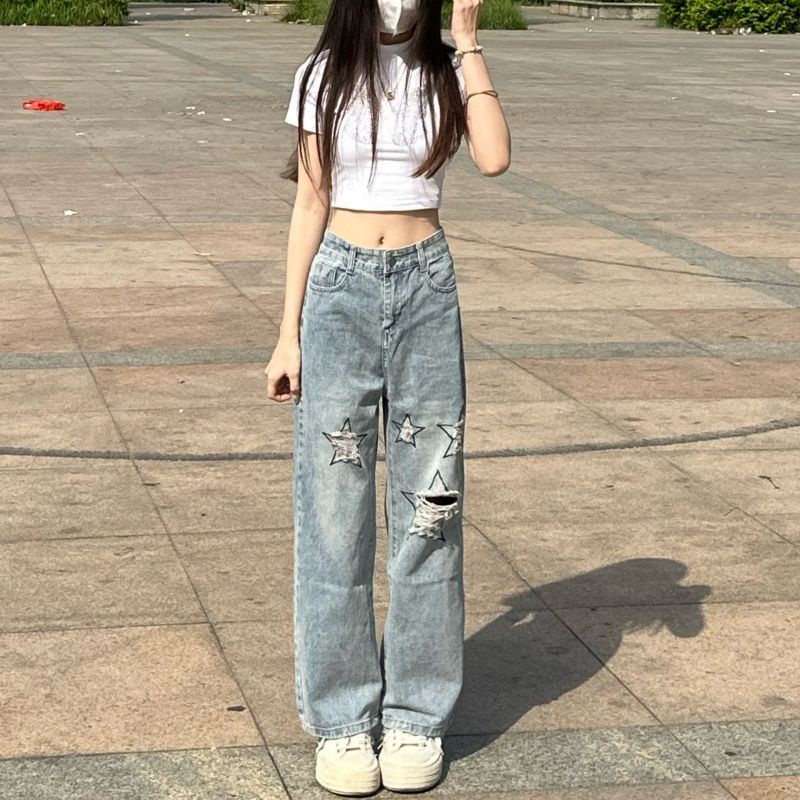 Jiashucheng Quần Jean Nữ Lưng Cao Thêu Ngôi Sao Phong Cách Retro Đường Phố Mới