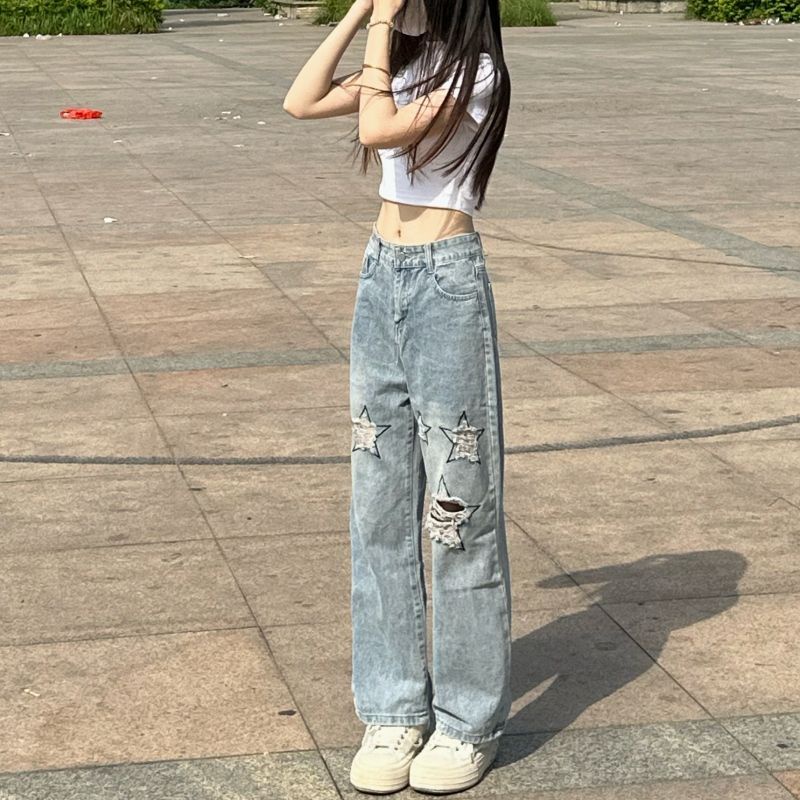 Jiashucheng Quần Jean Nữ Lưng Cao Thêu Ngôi Sao Phong Cách Retro Đường Phố Mới
