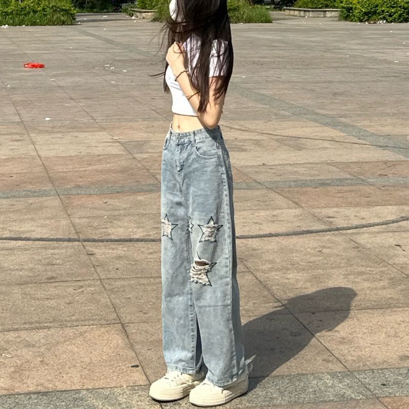 Jiashucheng Quần Jean Nữ Lưng Cao Thêu Ngôi Sao Phong Cách Retro Đường Phố Mới