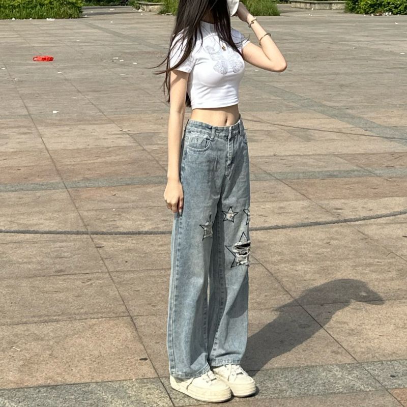 Jiashucheng Quần Jean Nữ Lưng Cao Thêu Ngôi Sao Phong Cách Retro Đường Phố Mới