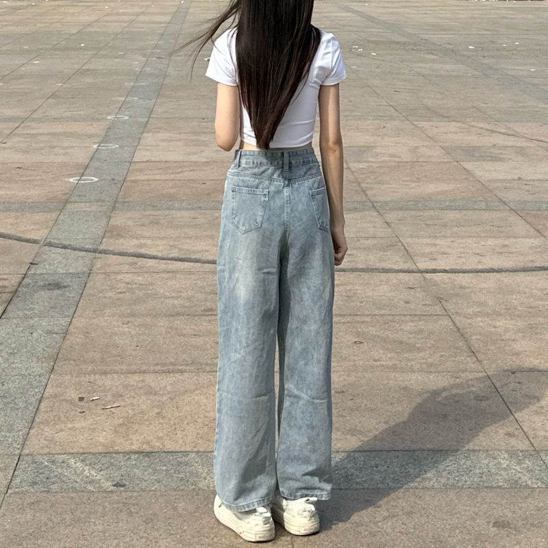 Jiashucheng Quần Jean Nữ Lưng Cao Thêu Ngôi Sao Phong Cách Retro Đường Phố Mới