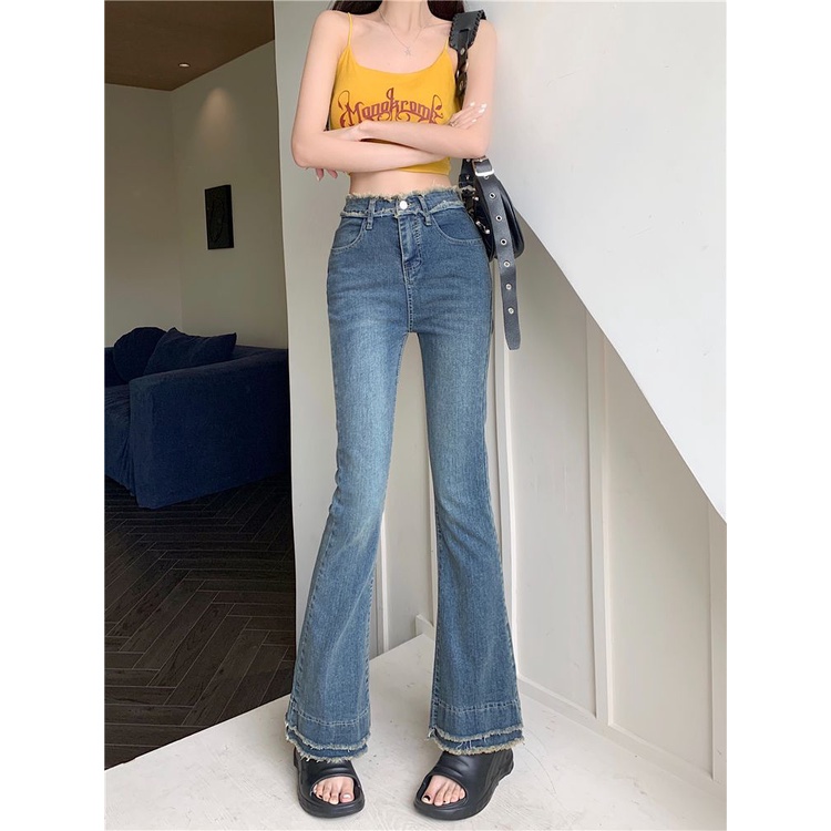 Jiashucheng Quần Jean Nữ Lưng Cao Ống Rộng Phối Tua Rua Phong Cách Mới