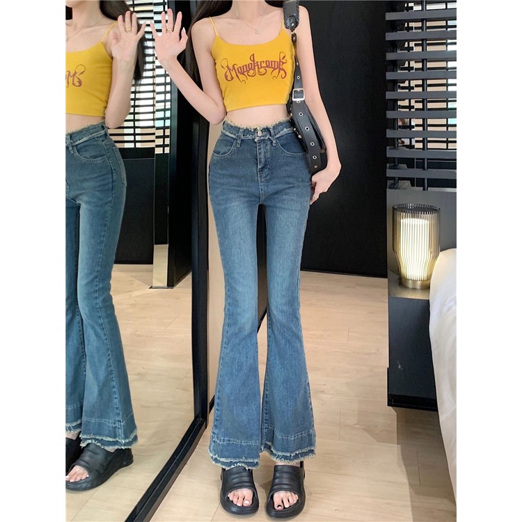 Jiashucheng Quần Jean Nữ Lưng Cao Ống Rộng Phối Tua Rua Phong Cách Mới