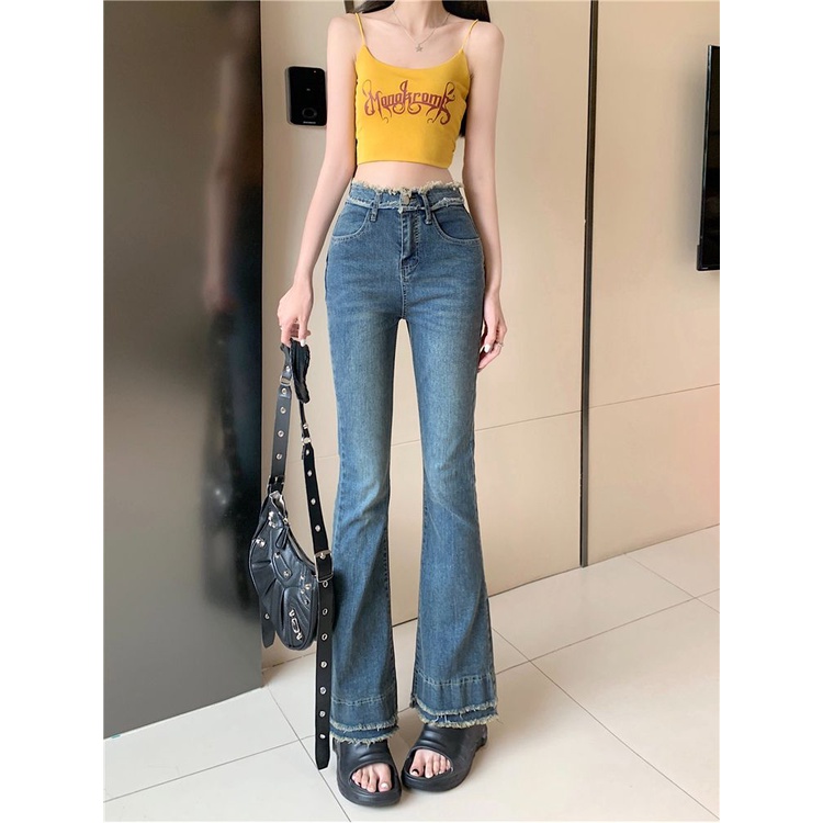 Jiashucheng Quần Jean Nữ Lưng Cao Ống Rộng Phối Tua Rua Phong Cách Mới