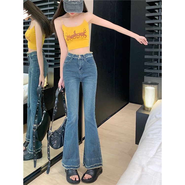 Jiashucheng Quần Jean Nữ Lưng Cao Ống Rộng Phối Tua Rua Phong Cách Mới