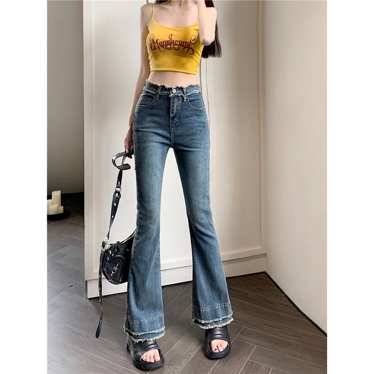 Jiashucheng Quần Jean Nữ Lưng Cao Ống Rộng Phối Tua Rua Phong Cách Mới