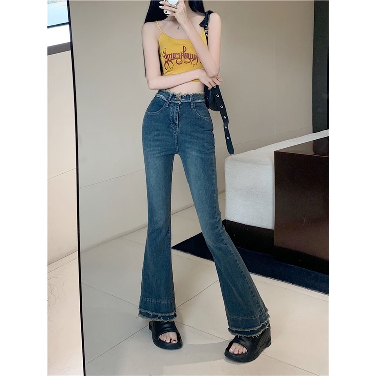 Jiashucheng Quần Jean Nữ Lưng Cao Ống Rộng Phối Tua Rua Phong Cách Mới