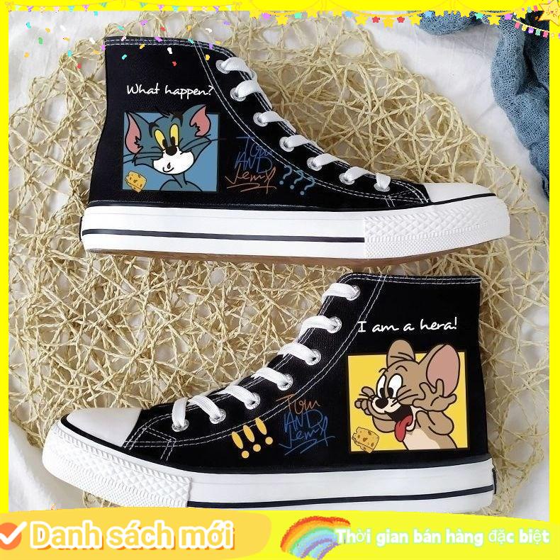 Giày Thể Thao Canvas Cổ Cao Họa Tiết Mèo Chuột Hoạt Hình Graffiti Hai Chiều Cho Nam Nữ