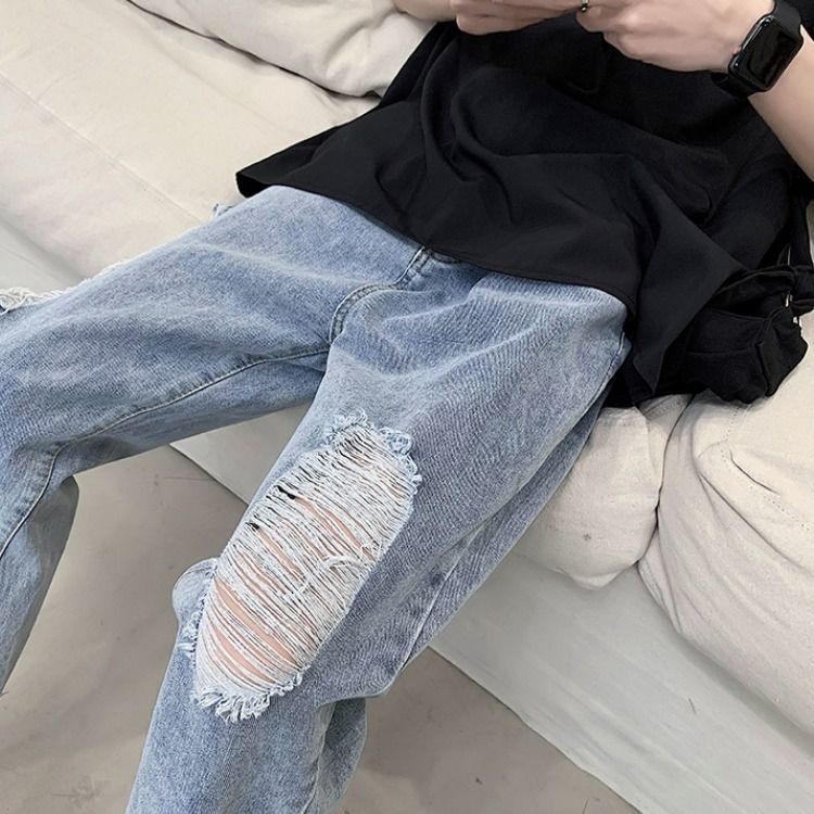 Jiashucheng Quần Jean Rách Ống Rộng Dài Tới Mắt Cá Chân Phong Cách Mới Mùa Hè Dễ Phối Đồ Cho Nữ