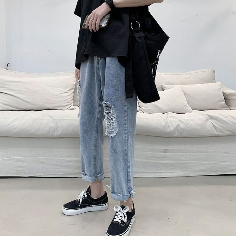 Jiashucheng Quần Jean Rách Ống Rộng Dài Tới Mắt Cá Chân Phong Cách Mới Mùa Hè Dễ Phối Đồ Cho Nữ