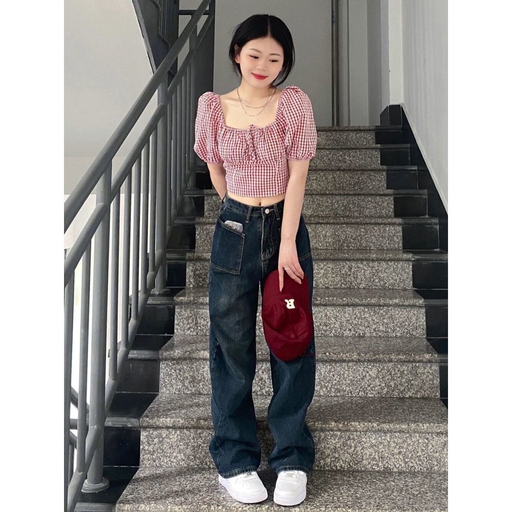 Jiashucheng Quần Jean Nữ Ống Rộng Lưng Cao Phong Cách Retro Đường Phố Mùa Hè