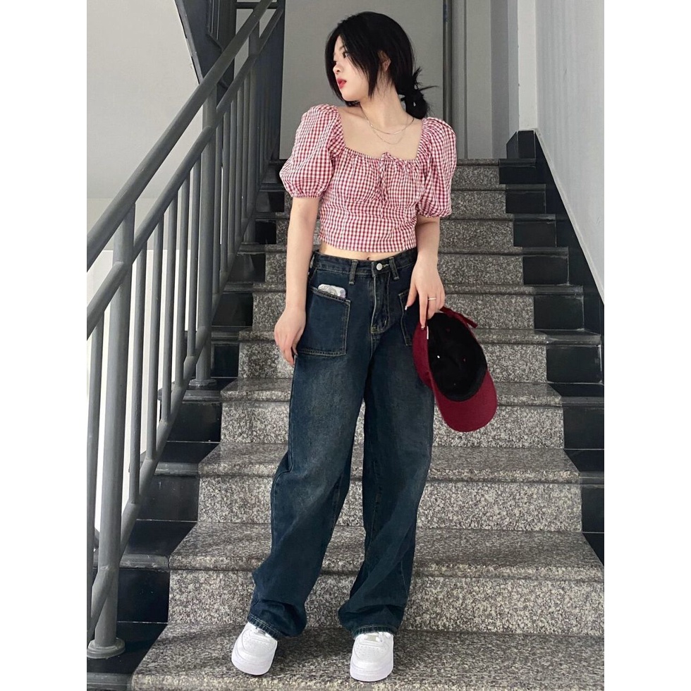 Jiashucheng Quần Jean Nữ Ống Rộng Lưng Cao Phong Cách Retro Đường Phố Mùa Hè