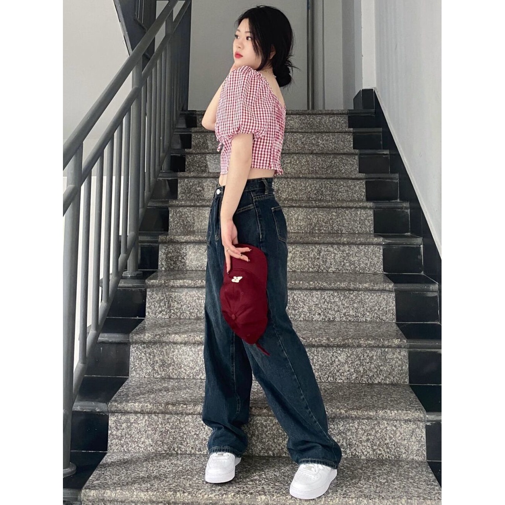 Jiashucheng Quần Jean Nữ Ống Rộng Lưng Cao Phong Cách Retro Đường Phố Mùa Hè