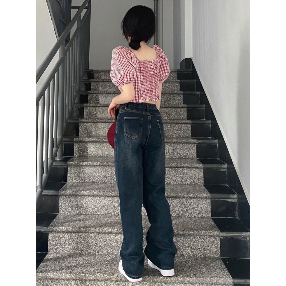 Jiashucheng Quần Jean Nữ Ống Rộng Lưng Cao Phong Cách Retro Đường Phố Mùa Hè