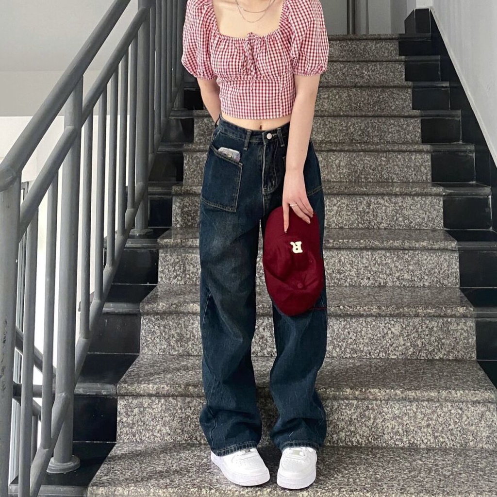 Jiashucheng Quần Jean Nữ Ống Rộng Lưng Cao Phong Cách Retro Đường Phố Mùa Hè