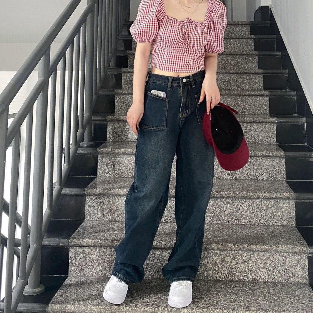 Jiashucheng Quần Jean Nữ Ống Rộng Lưng Cao Phong Cách Retro Đường Phố Mùa Hè