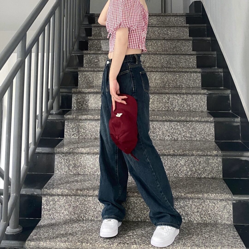 Jiashucheng Quần Jean Nữ Ống Rộng Lưng Cao Phong Cách Retro Đường Phố Mùa Hè