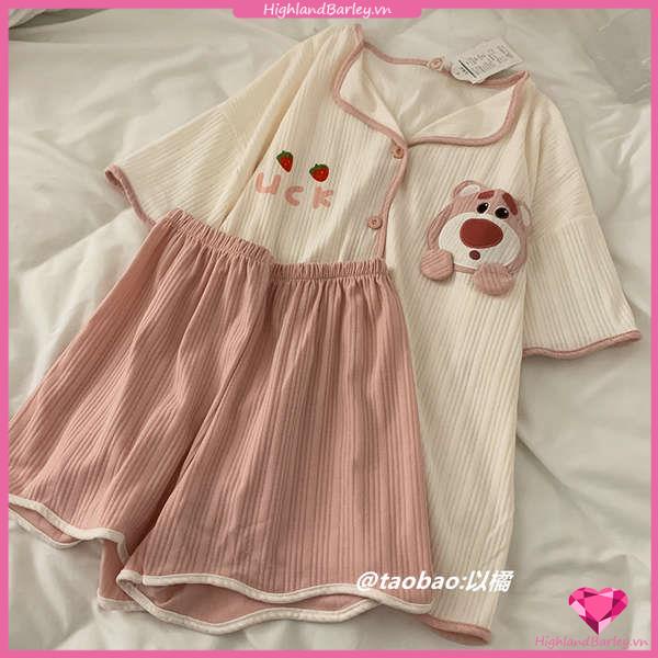 Bộ Đồ Ngủ Cotton Ngắn Tay Họa Tiết Gấu Xinh Xắn Theo Phong Cách Mùa Hè Dành Cho