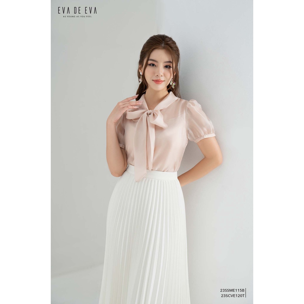 Áo sơ mi nữ tay bồng ngắn cổ nơ Eva de Eva 23SSME115B