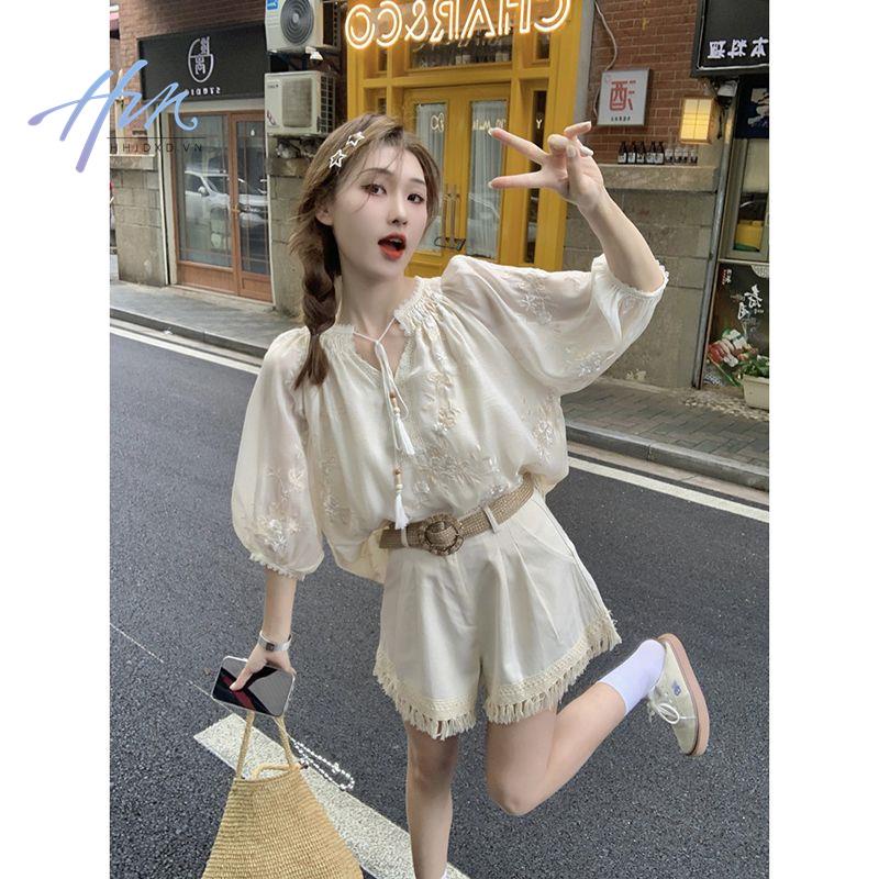 Áo Kiểu Tay Phồng Cổ Chữ V Chống Nắng Thêu Họa Tiết Thời Trang Mùa Hè 2023 Cho Nữ