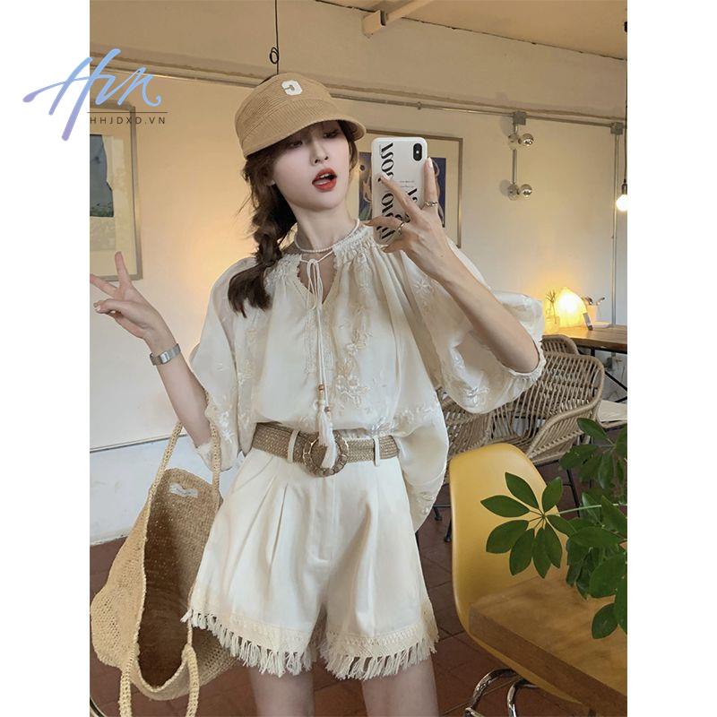 Áo Kiểu Tay Phồng Cổ Chữ V Chống Nắng Thêu Họa Tiết Thời Trang Mùa Hè 2023 Cho Nữ