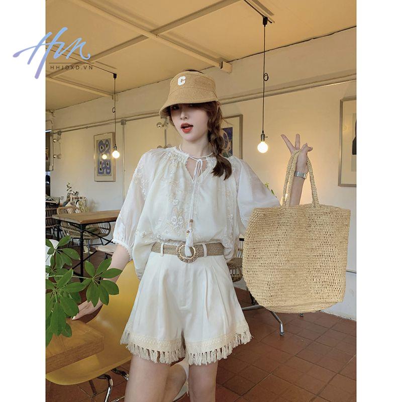 Áo Kiểu Tay Phồng Cổ Chữ V Chống Nắng Thêu Họa Tiết Thời Trang Mùa Hè 2023 Cho Nữ