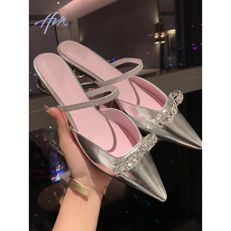 Giày Sandal Mũi Nhọn Hở Ngón Đính Đá Thời Trang Mùa Hè Dành Cho Nữ