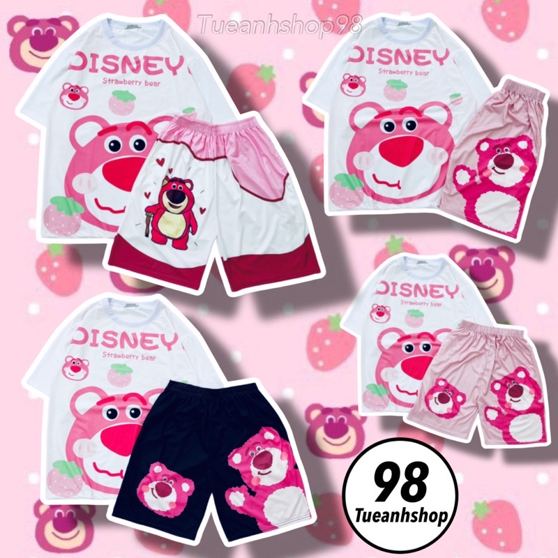 Bộ Đùi Gấu Dâu Lotso cotton mặc nhà - Áo thun phom rộng phối Quần Short Cartoon Unisex Set Đồ Bộ Nữ hoạt hình dễ thương