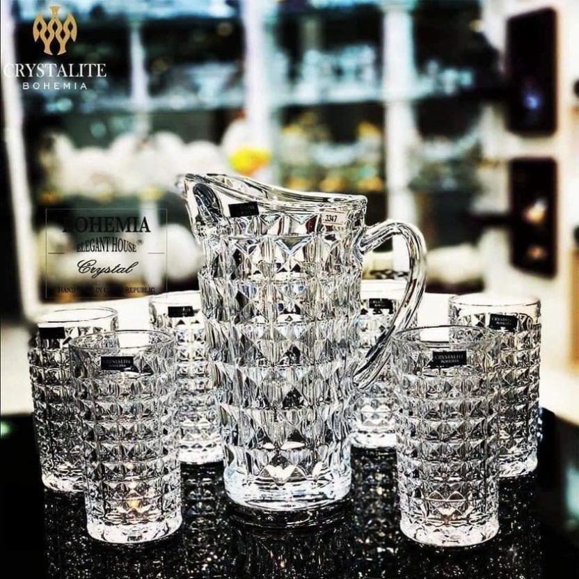 Bộ Bình Nước Pha Lê Bohemia Diamond, Gồm Bình 1250ml Và Set 6 Cốc 260ml, Nhập Đức, Bepchauau