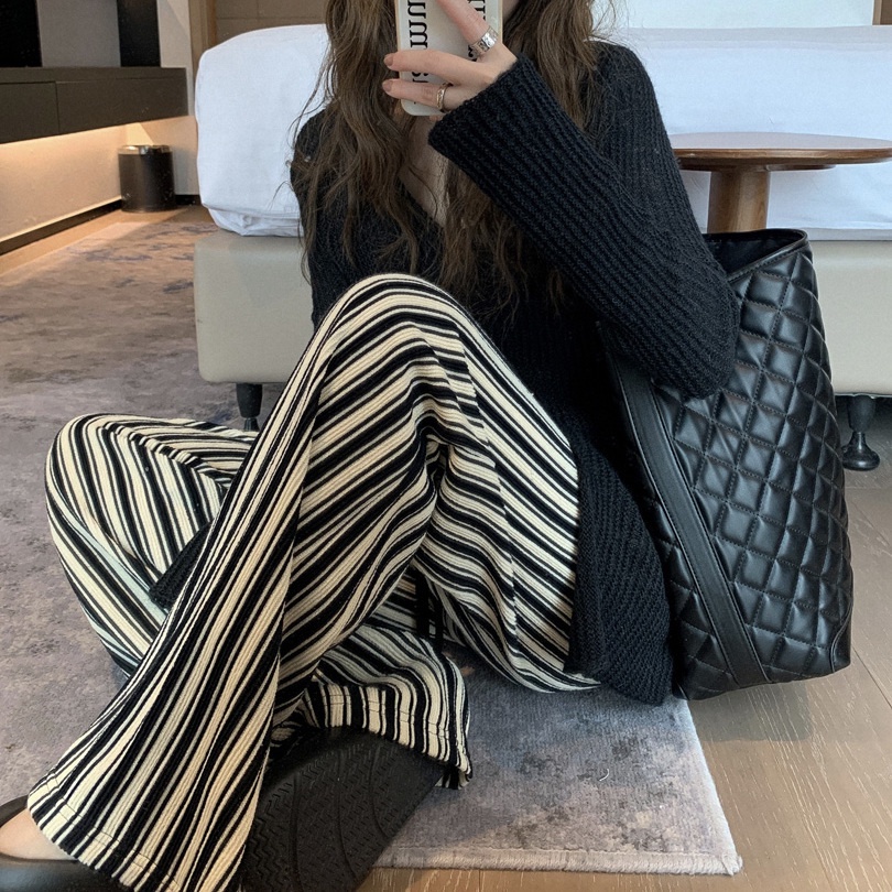 Quần Lụa Lạnh Mỏng Ống Rộng Lưng Cao Họa Tiết Kẻ Sọc Trắng Đen Thời Trang Mùa Hè Cho Nữ