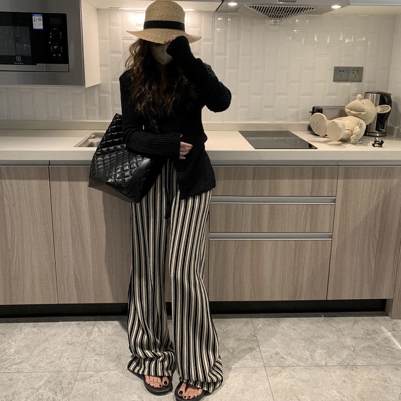 Quần Lụa Lạnh Mỏng Ống Rộng Lưng Cao Họa Tiết Kẻ Sọc Trắng Đen Thời Trang Mùa Hè Cho Nữ